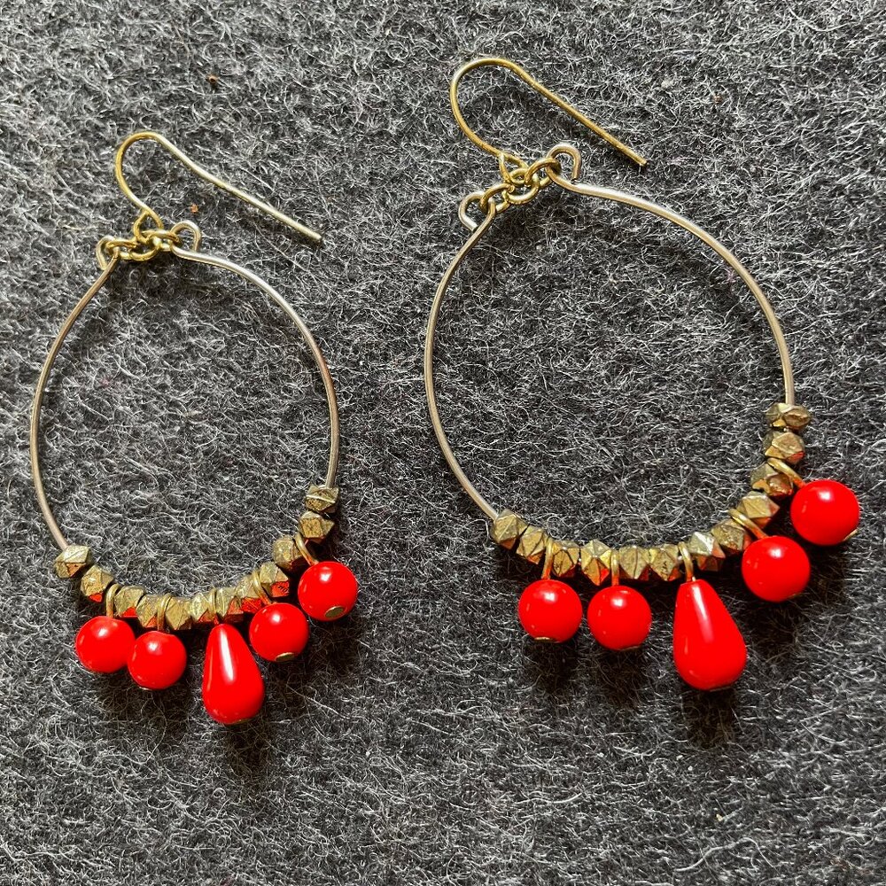 Anthropologie Red and Gold Dangle Earrings